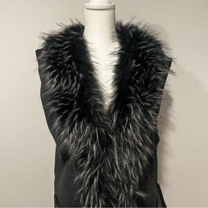 Sioni Faux Fur Trim Vest Sleeveless Longline Duster w/ Pockets Charcoal Vest S/M